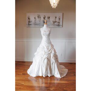 Ivory white satin wedding gown, princess ballgown style, never worn